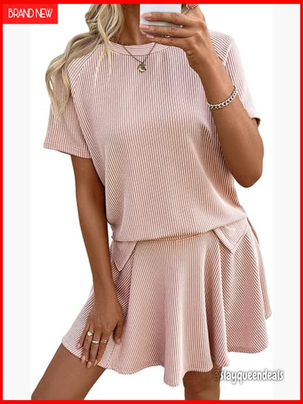 Large Ribbed Knit Two Piece Set with Lined Pleated Mini Skirt